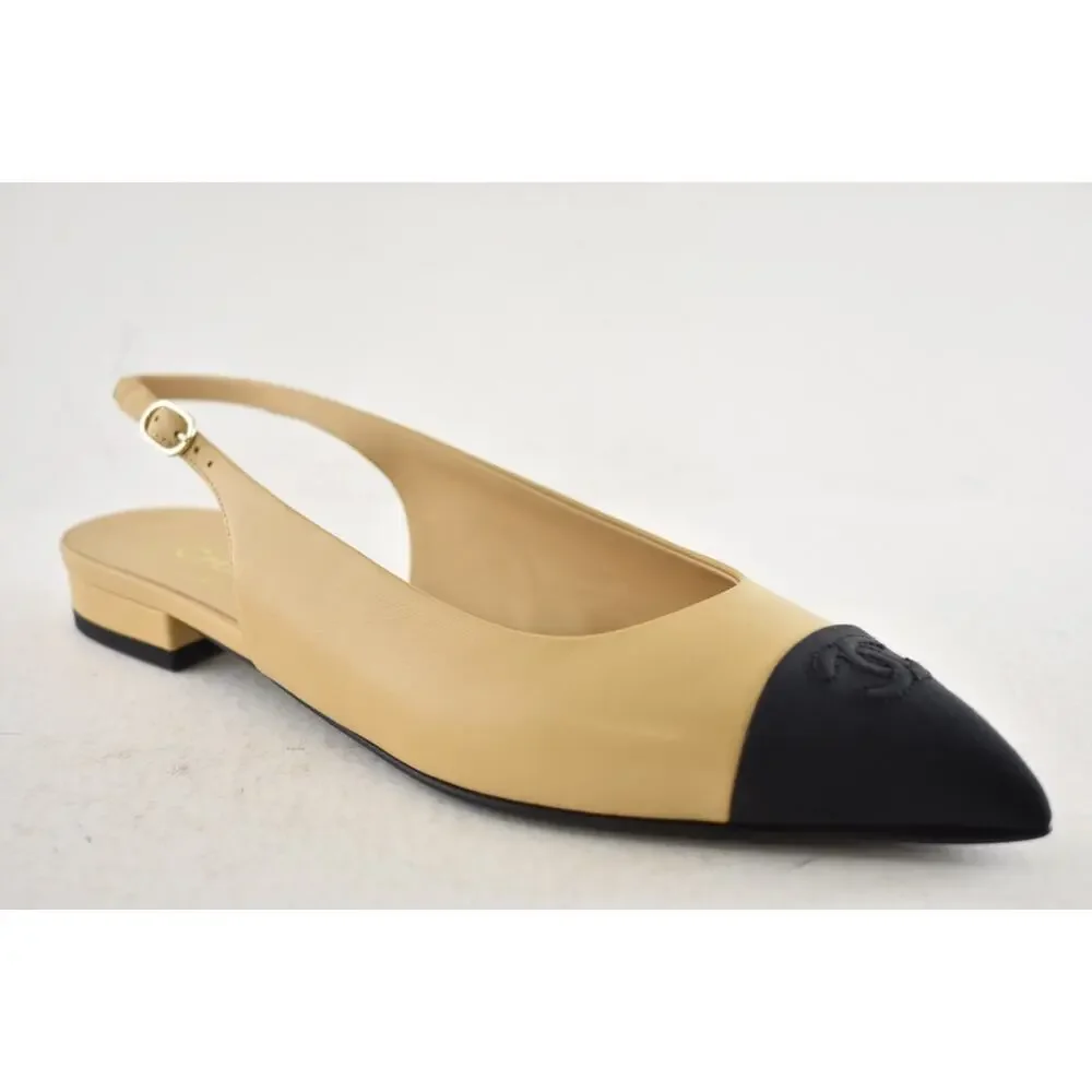 Chanel 24A Beige Leather Black CC Logo Coco Slingback Pointed Ballet Flat 38.5 - Picture 6 of 16